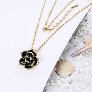 Crystal Black Enamel Rose Pendant on 20" Gold Stainless Steel Necklace
